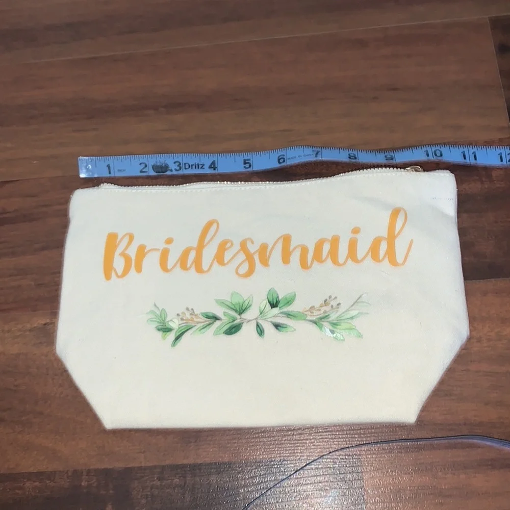 Bridesmaid Cream Makeup Bag Gold Script Wedding Party Gift Large 10.5x6.5